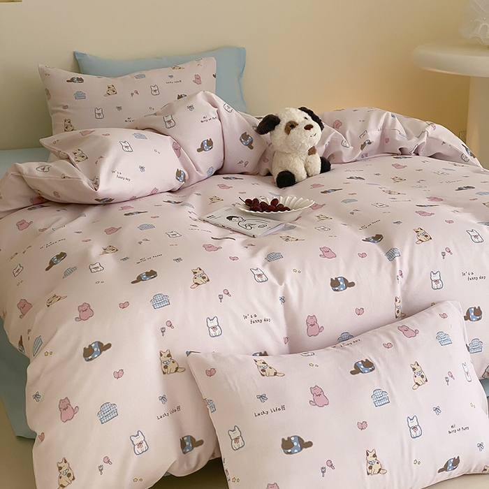 91家纺网 家纺一手货源 找家纺 时光里 2025新款A类全棉双层纱套件第一波 猫圈世界-粉