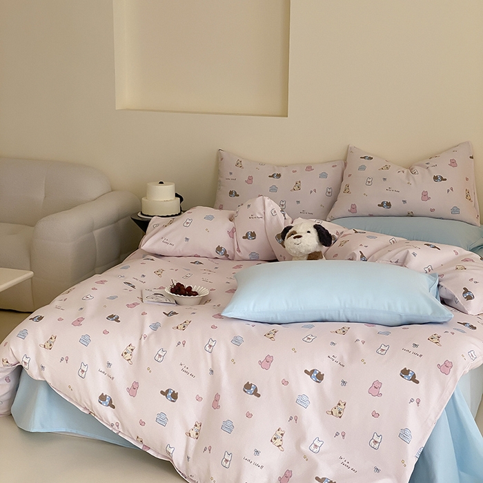 91家纺网 家纺一手货源 找家纺 时光里 2025新款A类全棉双层纱套件第一波 猫圈世界-粉