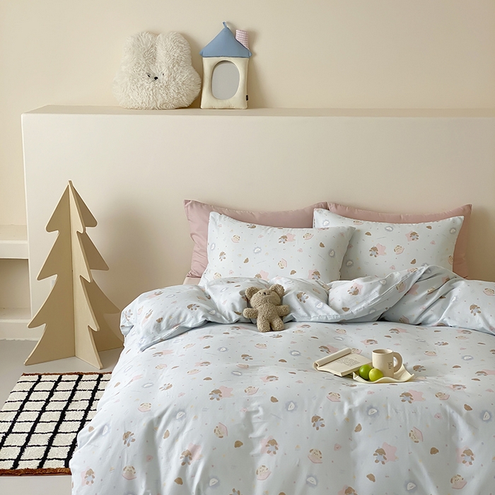 91家纺网 家纺一手货源 找家纺 时光里 2025新款A类全棉双层纱卡通风七色系列第二波 乐悠汪-蓝