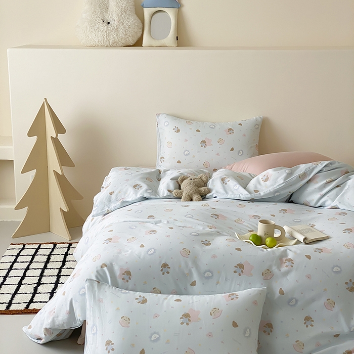 91家纺网 家纺一手货源 找家纺 时光里 2025新款A类全棉双层纱卡通风七色系列第二波 乐悠汪-蓝