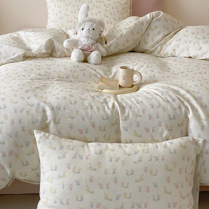 91家纺网 家纺一手货源 找家纺 时光里 2025新款A类全棉双层纱卡通风七色系列第二波 小兔乖乖