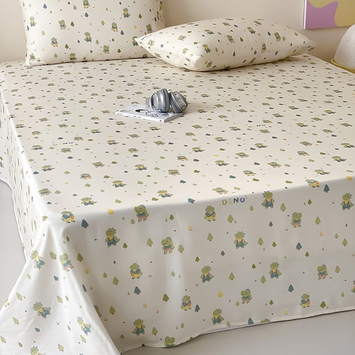 91家纺网 家纺一手货源 找家纺 时光里 2025新款双层纱系列卡通风床单 萌宠宝宝-绿