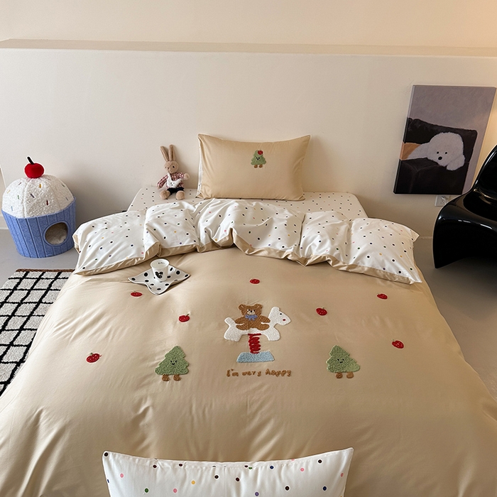 91家纺网 家纺一手货源 找家纺 （总）时光里 2025新款100S卡通风贡缎毛巾绣四件套