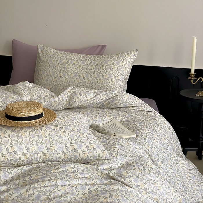 91家纺网 家纺一手货源 找家纺 时光里 2025新款A类全棉双层纱复古花卉色单品与套件 洛茨-蓝