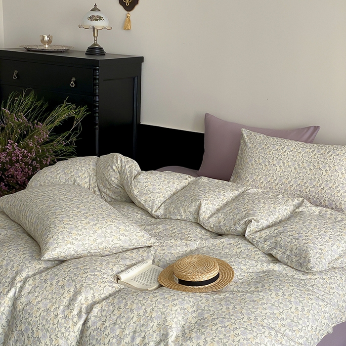 91家纺网 家纺一手货源 找家纺 时光里 2025新款A类全棉双层纱复古花卉色单品与套件 洛茨-蓝