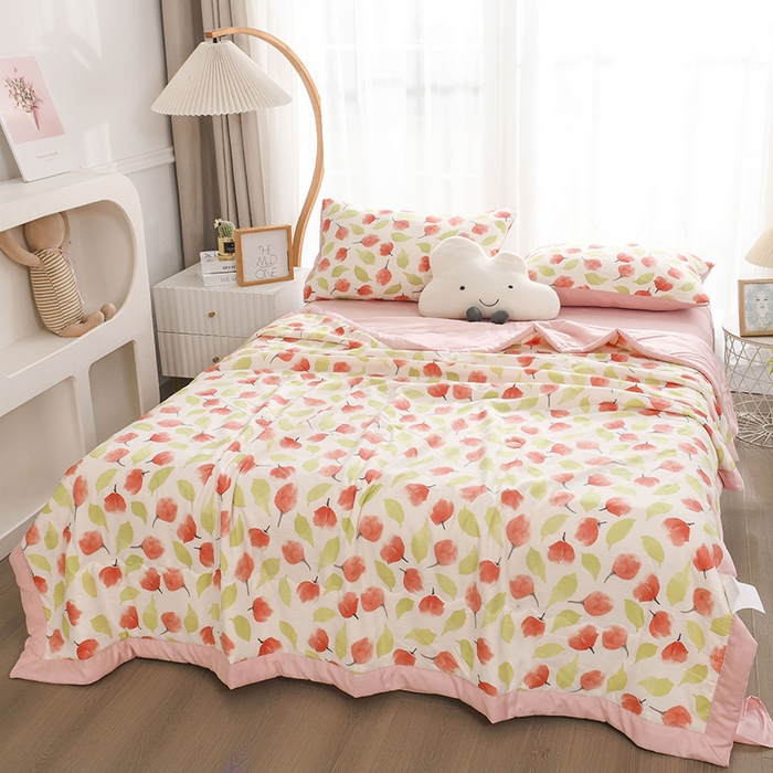 91家纺网 家纺一手货源 找家纺 红日子纺织品 2025新款棉麻夏被四件套 漫花-粉