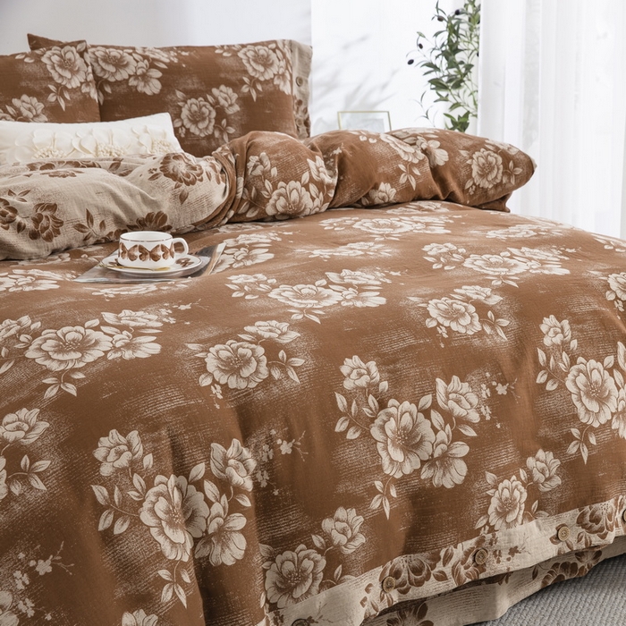 91家纺网 家纺一手货源 找家纺 2025新款全棉色织双层纱纽扣款四件套 云纱-浅咖