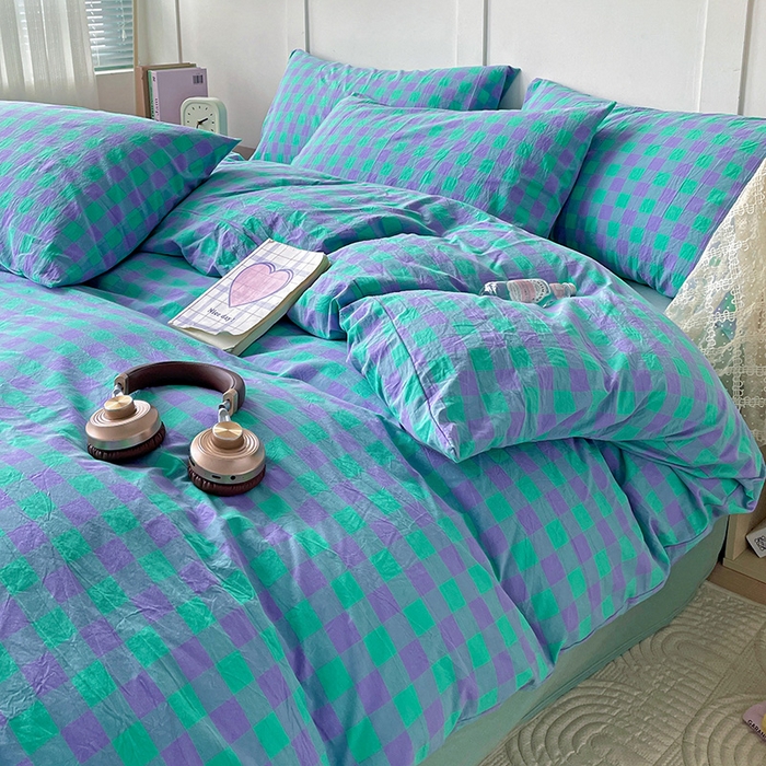 91家纺网 家纺一手货源 找家纺 大柏树 2025新款全棉水洗棉套件-床单四件套 绿紫中格