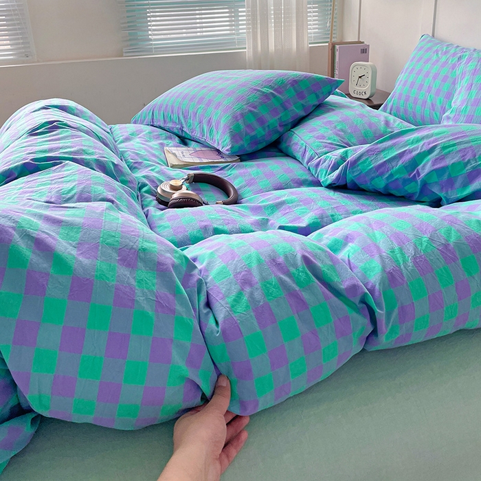 91家纺网 家纺一手货源 找家纺 大柏树 2025新款全棉水洗棉套件-床单四件套 绿紫中格