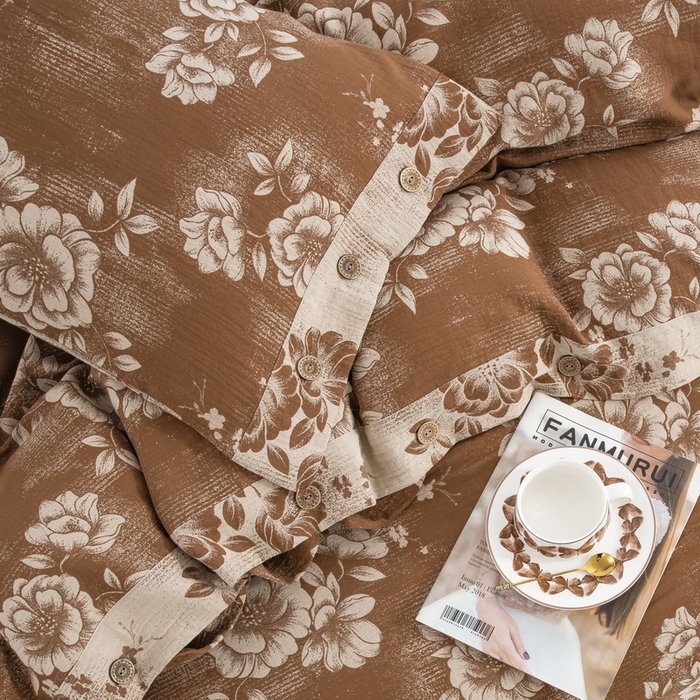 91家纺网 家纺一手货源 找家纺 2025新款全棉色织双层纱纽扣款四件套 云纱-浅咖