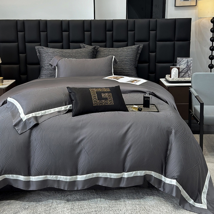 91家纺网 家纺一手货源 找家纺 若未家居 LOVEWE HOUSE 2025新款天丝提花套件撞色轻奢风四件套-天丝布拉格 天丝布拉格 玄灰