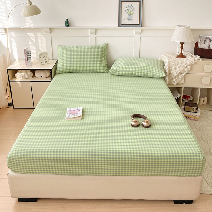 91家纺网 家纺一手货源 找家纺 2025新款全棉水洗棉套件-单床笠 艾莎绿小格