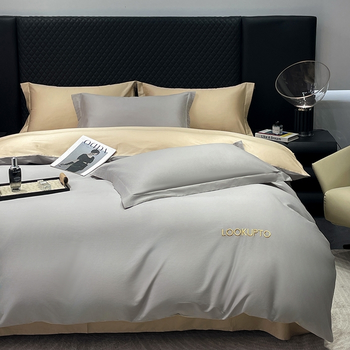 91家纺网 家纺一手货源 找家纺 皇寝世家家居 2025新款全棉纯棉A类100s长绒棉四件套刺绣绣花纯色贡缎床单款-诗雅 诗雅-星空灰