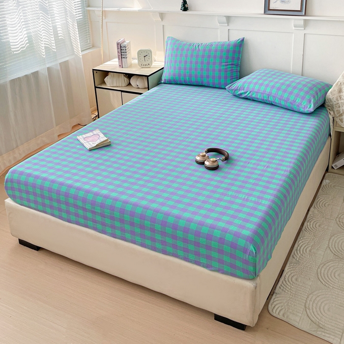 91家纺网 家纺一手货源 找家纺 2025新款全棉水洗棉套件-单床笠 绿紫中格