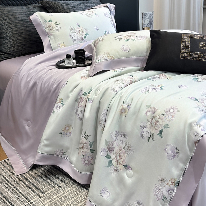 91家纺网 家纺一手货源 找家纺 若未家居 LOVEWE HOUSE 2025新款兰精天丝印花夏被及夏被四件套 爱意浓郁（床单款+床盖款）