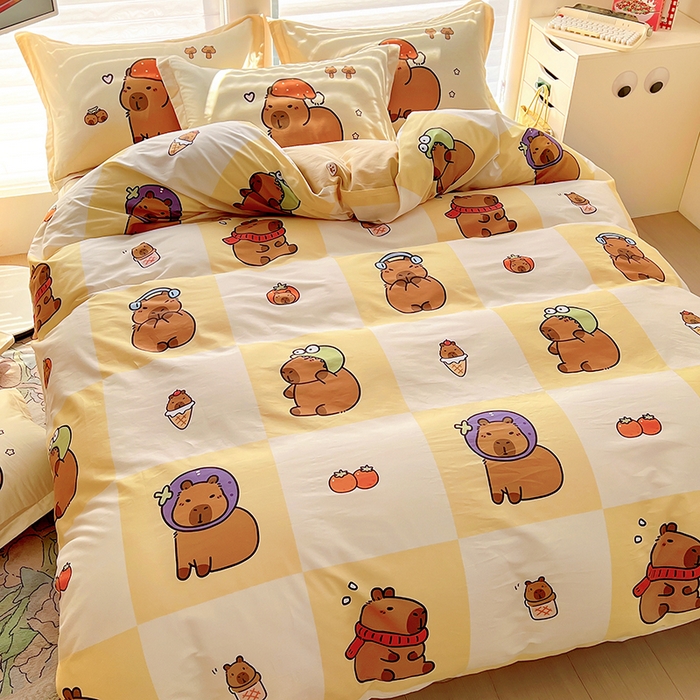 91家纺网 家纺一手货源 找家纺 2025新款原创设计卡皮巴拉全棉四件套-有作品登记证书 方格巴拉