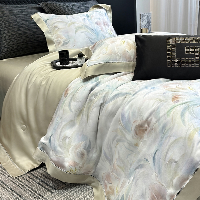 91家纺网 家纺一手货源 找家纺 若未家居 LOVEWE HOUSE 2025新款兰精天丝印花夏被及夏被四件套 粉墨华羽（床单款+床盖款）