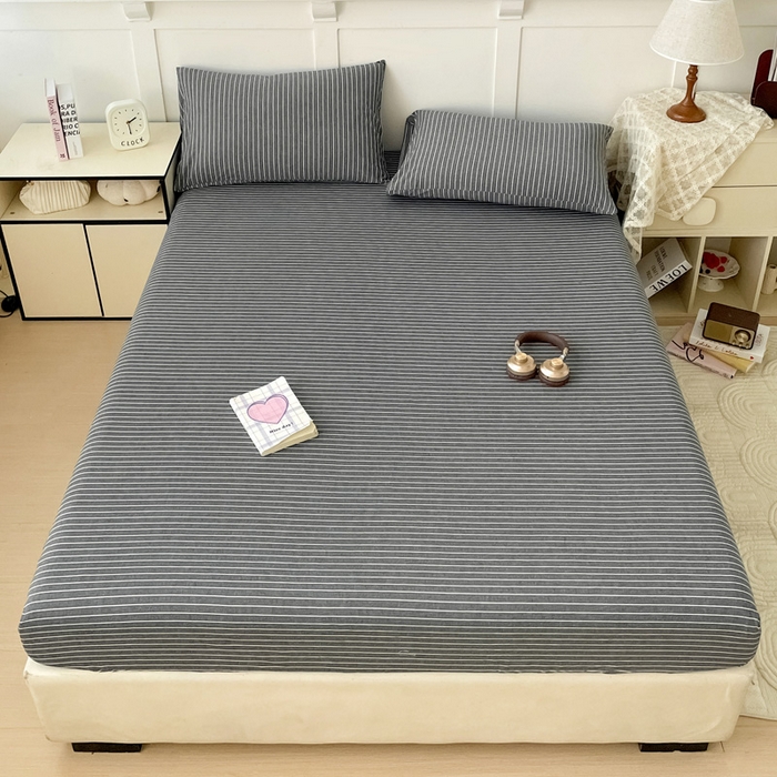 91家纺网 家纺一手货源 找家纺 2025新款全棉水洗棉套件-单床笠 灰细条