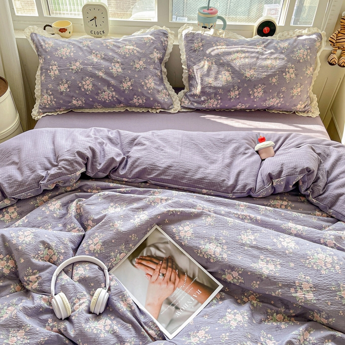 91家纺网 家纺一手货源 找家纺 仟网汇 2025新款云感皱皱双层纱全棉花边四件套 豆蔻