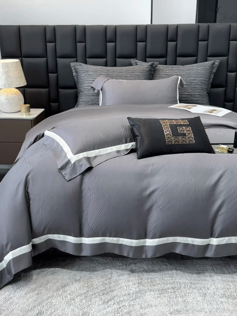 91家纺网 家纺一手货源 找家纺 若未家居 LOVEWE HOUSE 2025新款天丝提花套件撞色轻奢风四件套-天丝布拉格 天丝布拉格 玄灰