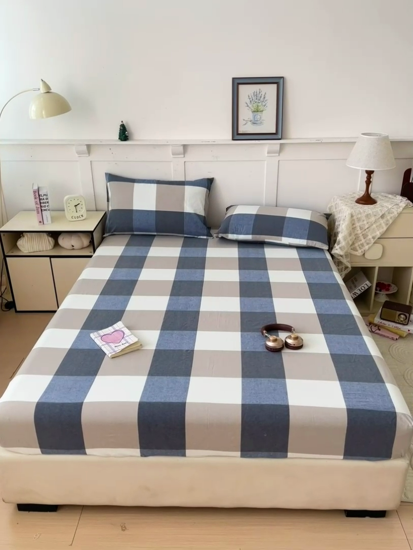 91家纺网 家纺一手货源 找家纺 2025新款全棉水洗棉套件-单床笠 蓝大格