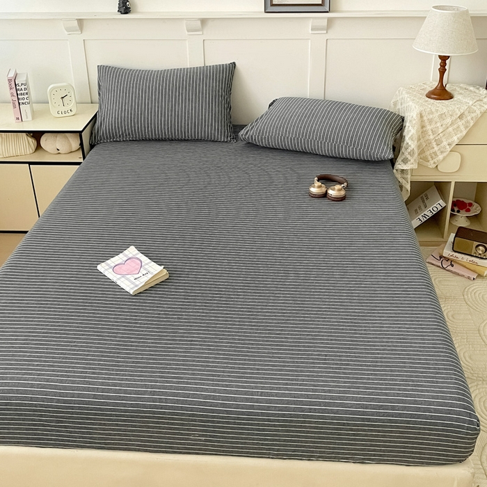 91家纺网 家纺一手货源 找家纺 2025新款全棉水洗棉套件-单床笠 灰细条