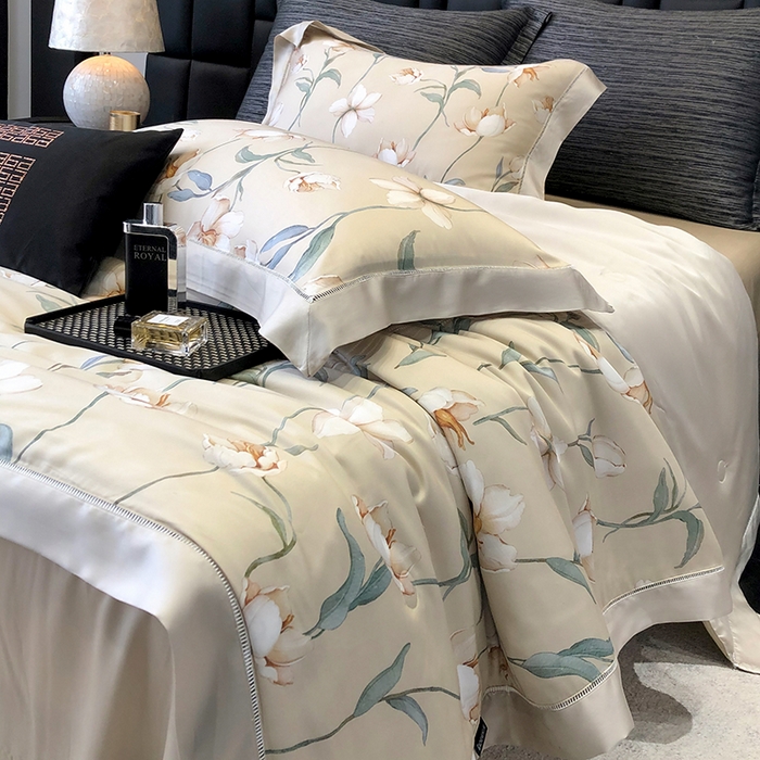 91家纺网 家纺一手货源 找家纺 若未家居 LOVEWE HOUSE 2025新款兰精天丝印花夏被及夏被四件套 玉兰白雪（床单款+床盖款）