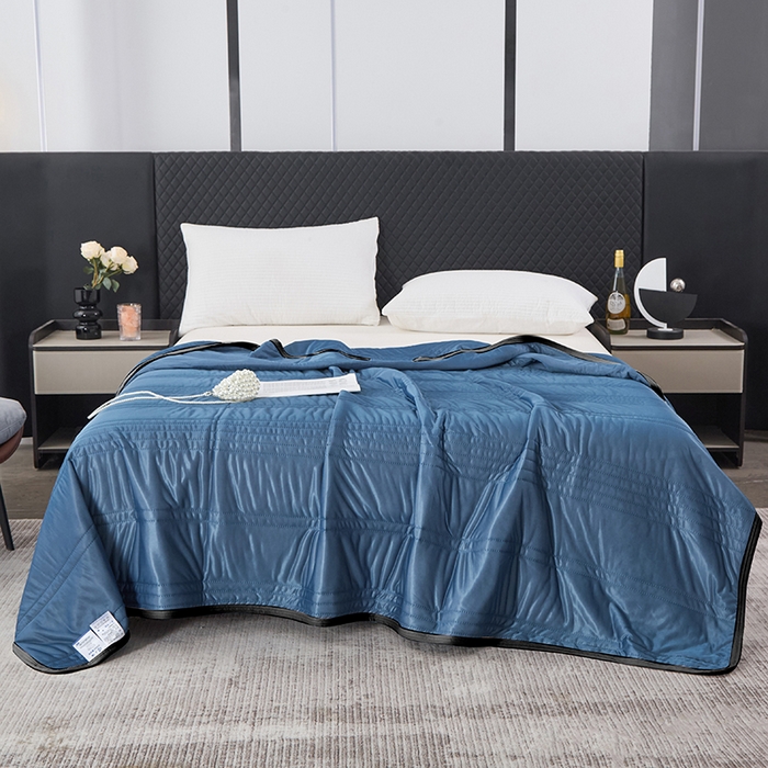 91家纺网 家纺一手货源 找家纺 丝薇雅 2025新款凉感丝夏被冰淇淋夏凉被 黑边-条纹湖蓝