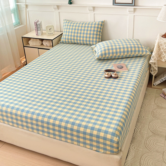 91家纺网 家纺一手货源 找家纺 2025新款全棉水洗棉套件-单床笠 蓝黄三分格