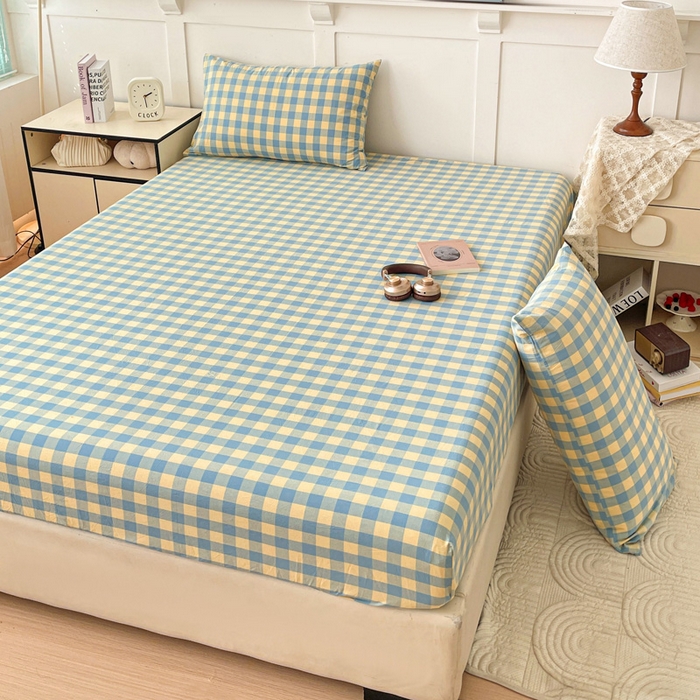 91家纺网 家纺一手货源 找家纺 2025新款全棉水洗棉套件-单床笠 蓝黄三分格