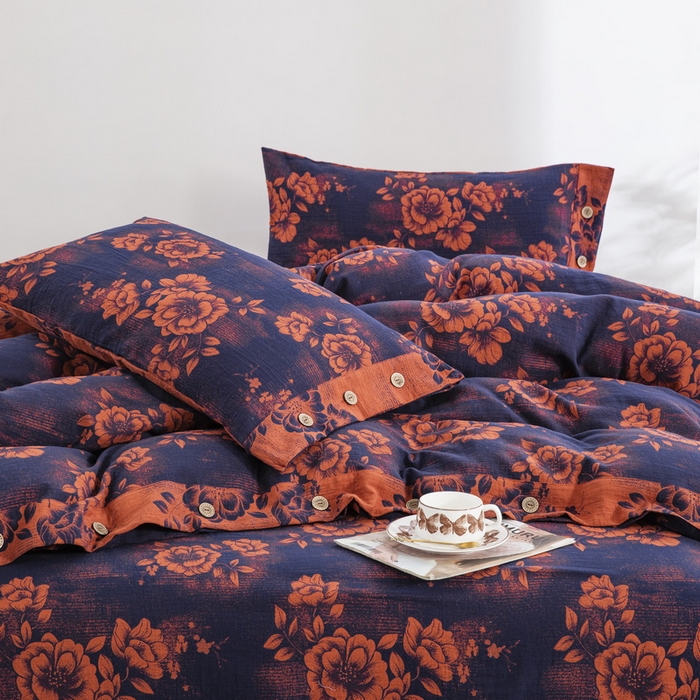 91家纺网 家纺一手货源 找家纺 2025新款全棉色织双层纱纽扣款四件套 云纱-深兰