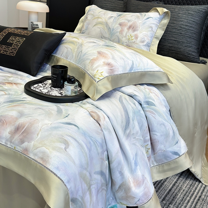 91家纺网 家纺一手货源 找家纺 若未家居 LOVEWE HOUSE 2025新款兰精天丝印花夏被及夏被四件套 粉墨华羽（床单款+床盖款）