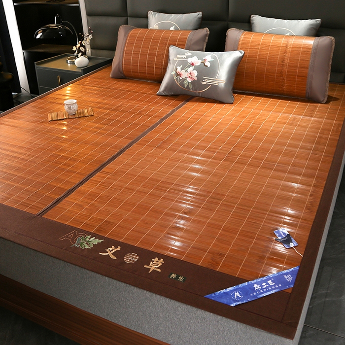 91家纺网 家纺一手货源 找家纺 森璐家纺 2025新款茶香养生竹席藤席草席冰丝席凉席子 艾草驱蚊席-反面冰丝