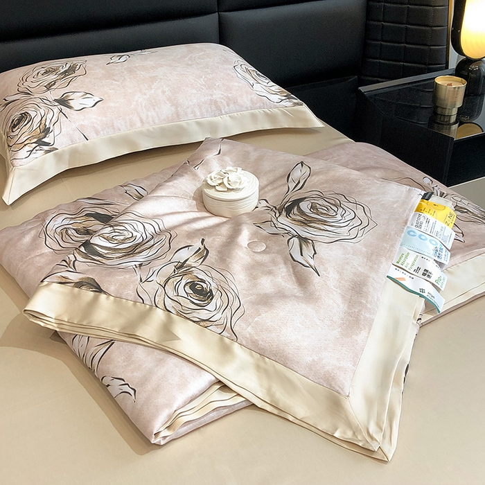 91家纺网 家纺一手货源 找家纺 若未家居 LOVEWE HOUSE 2025新款兰精天丝印花夏被及夏被四件套 叶罗丽玫瑰 米（床单款+床盖款）