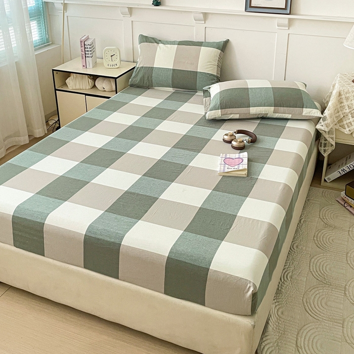 91家纺网 家纺一手货源 找家纺 2025新款全棉水洗棉套件-单床笠 绿大格