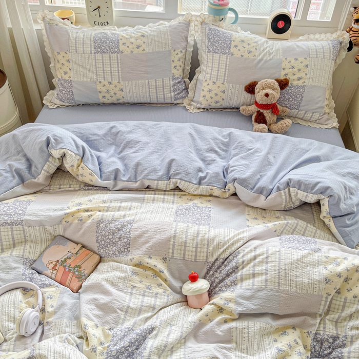 91家纺网 家纺一手货源 找家纺 仟网汇 2025新款云感皱皱双层纱全棉花边四件套 百福蓝