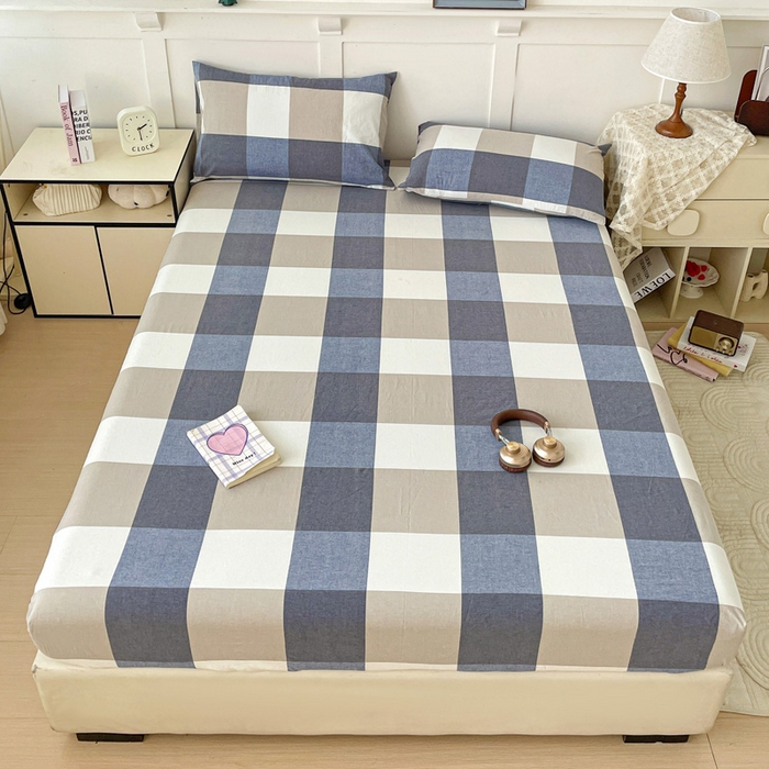 91家纺网 家纺一手货源 找家纺 2025新款全棉水洗棉套件-单床笠 蓝大格