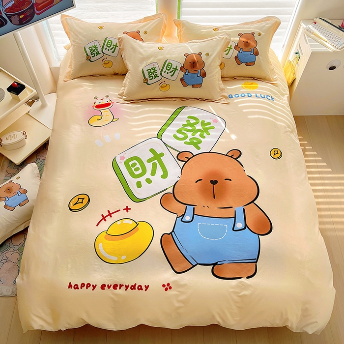 91家纺网 家纺一手货源 找家纺 2025新款原创设计卡皮巴拉全棉四件套-有作品登记证书 发财巴拉