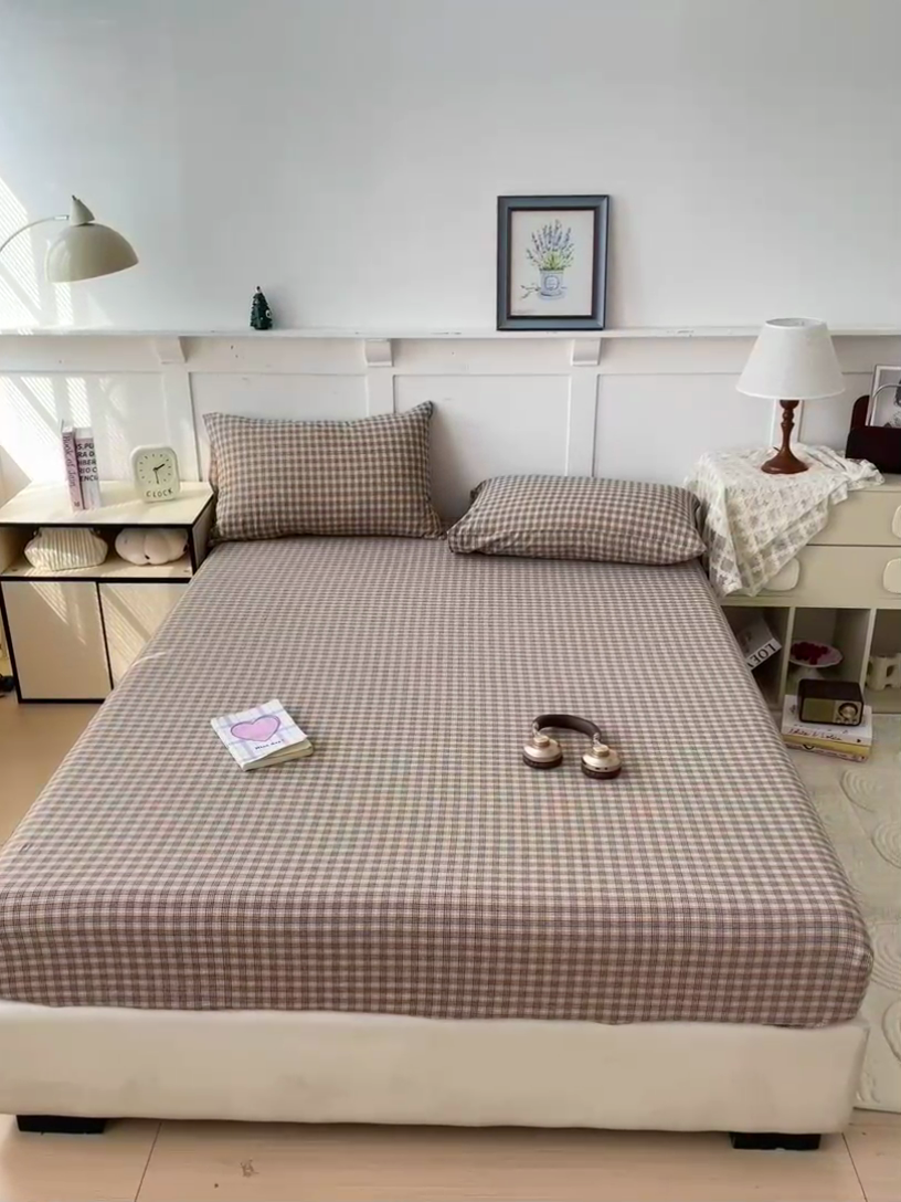 91家纺网 家纺一手货源 找家纺 2025新款全棉水洗棉套件-单床笠 春野咖