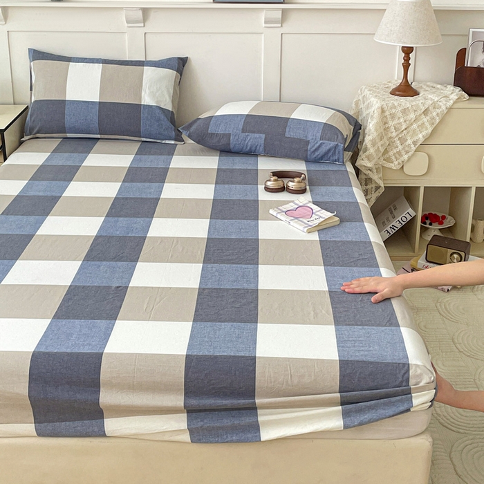 91家纺网 家纺一手货源 找家纺 2025新款全棉水洗棉套件-单床笠 蓝大格