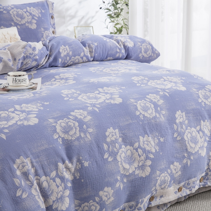 91家纺网 家纺一手货源 找家纺 2025新款全棉色织双层纱纽扣款四件套 云纱-浅兰