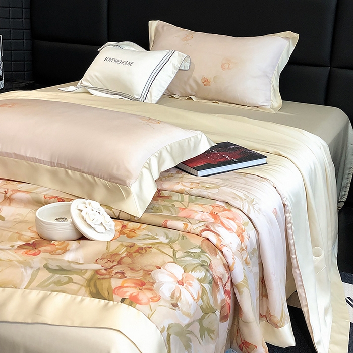 91家纺网 家纺一手货源 找家纺 若未家居 LOVEWE HOUSE 2025新款兰精天丝印花夏被及夏被四件套 花西子 米（床单款+床盖款）