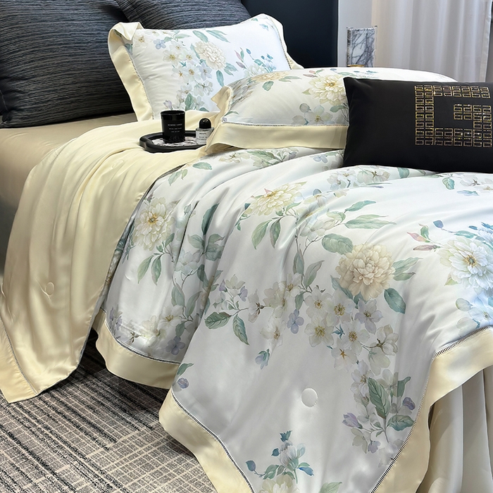 91家纺网 家纺一手货源 找家纺 若未家居 LOVEWE HOUSE 2025新款兰精天丝印花夏被及夏被四件套 白茶（床单款+床盖款）