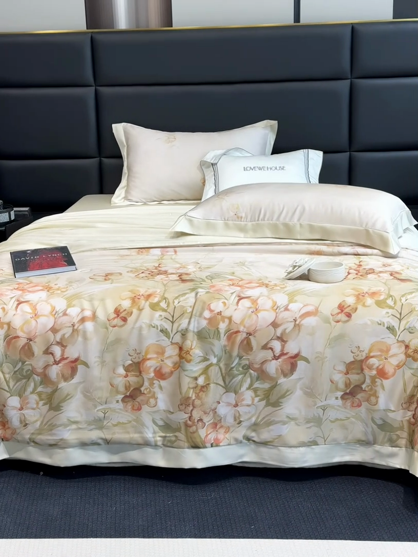 91家纺网 家纺一手货源 找家纺 若未家居 LOVEWE HOUSE 2025新款兰精天丝印花夏被及夏被四件套 花西子 米（床单款+床盖款）