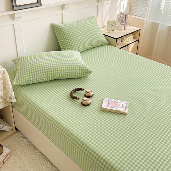 91家纺网 家纺一手货源 找家纺 2025新款全棉水洗棉套件-单床笠 艾莎绿小格