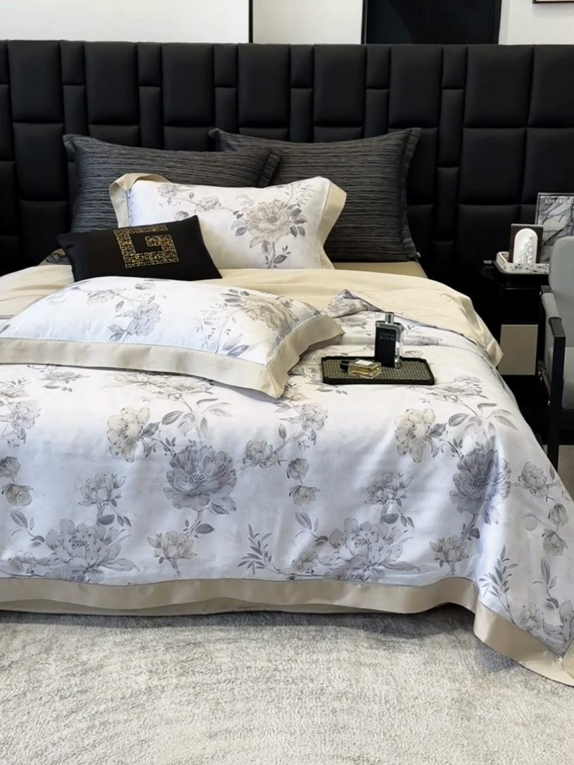 91家纺网 家纺一手货源 找家纺 若未家居 LOVEWE HOUSE 2025新款兰精天丝印花夏被及夏被四件套 芍药连枝（床单款+床盖款）