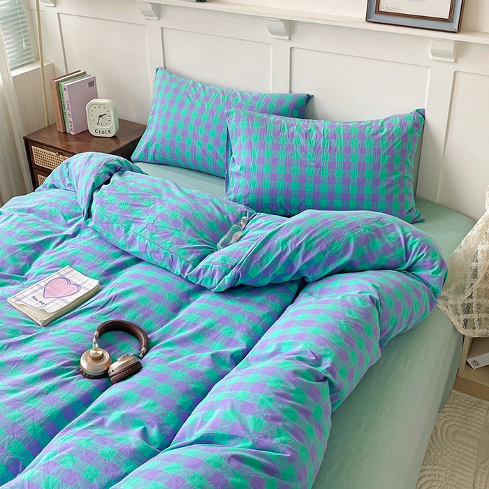 91家纺网 家纺一手货源 找家纺 大柏树 2025新款全棉水洗棉套件-床单四件套 绿紫中格