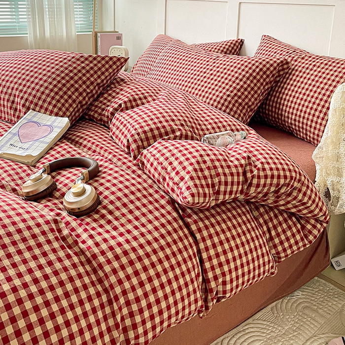 91家纺网 家纺一手货源 找家纺 大柏树 2025新款全棉水洗棉套件-床单四件套 云素红