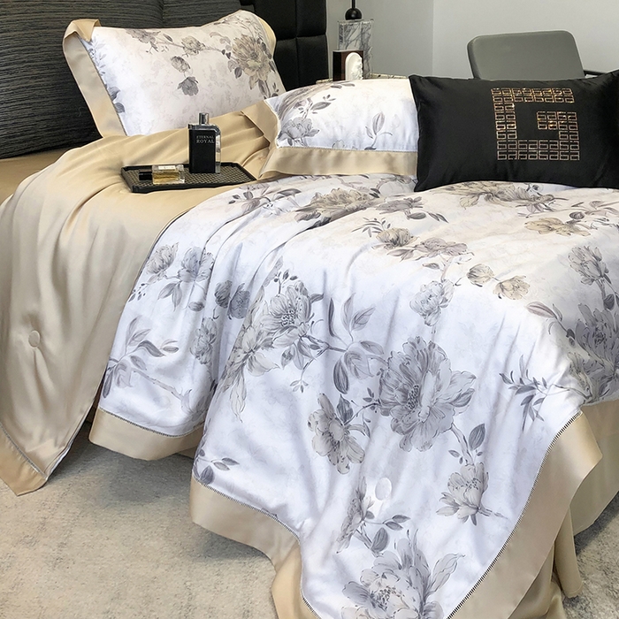 91家纺网 家纺一手货源 找家纺 若未家居 LOVEWE HOUSE 2025新款兰精天丝印花夏被及夏被四件套 芍药连枝（床单款+床盖款）