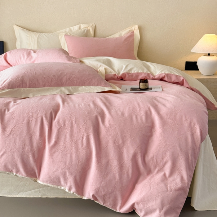 91家纺网 家纺一手货源 找家纺 若未家居 LOVEWE HOUSE 2025新款50S色织空气层水洗大提花全棉四件套 梦蝶-仙桃粉